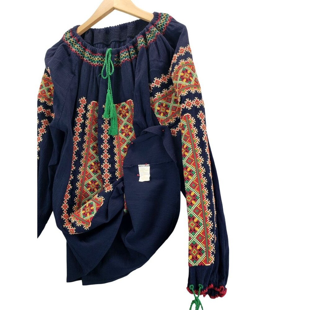 Ukrainian Traditional Blouse XXL Navy Colorful Geometric CrossStitch Embroidery - Picture 5 of 11